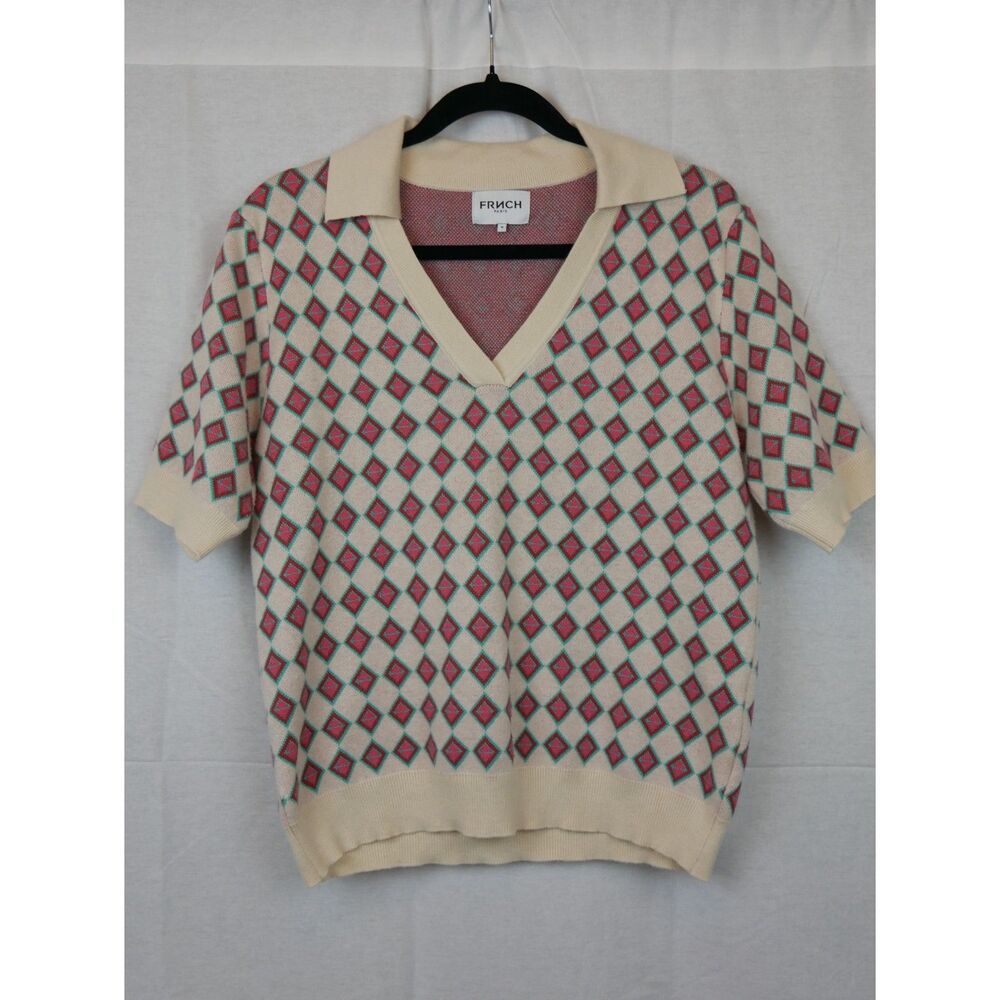FRNCH Paris Collared Short Sleeve Sweater Geometric Knit Women's Size M